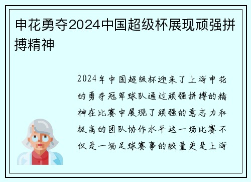 申花勇夺2024中国超级杯展现顽强拼搏精神